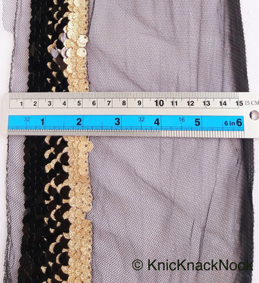 Black Net Lace With Glossy Black And Glitter Gold Sequins, Black Trim, Approx. 16cm wide